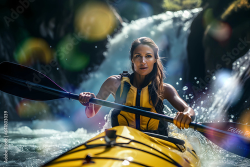 woman kayaking in mountain river with waterfalls