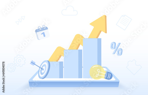 Business startup concept. Arrow pointing up, business growth and increase. Goal setting, target, strategy management, tactical planning, improvement and development. Flat vector design illustration.