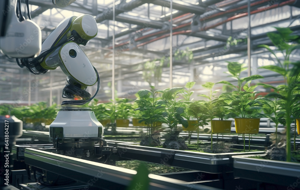 Green automation evolution: Robotic transplanting and AI-guided nurturing in an industrial horticulture farm. Concept pioneering greenery innovation.