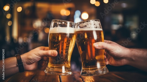 A detailed view of hands holding beer mugs in a bar or pub
