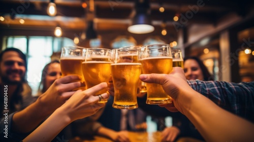 Stampa su tela Friends drinking beer at brewery bar restaurant on weekend - Friendship concept