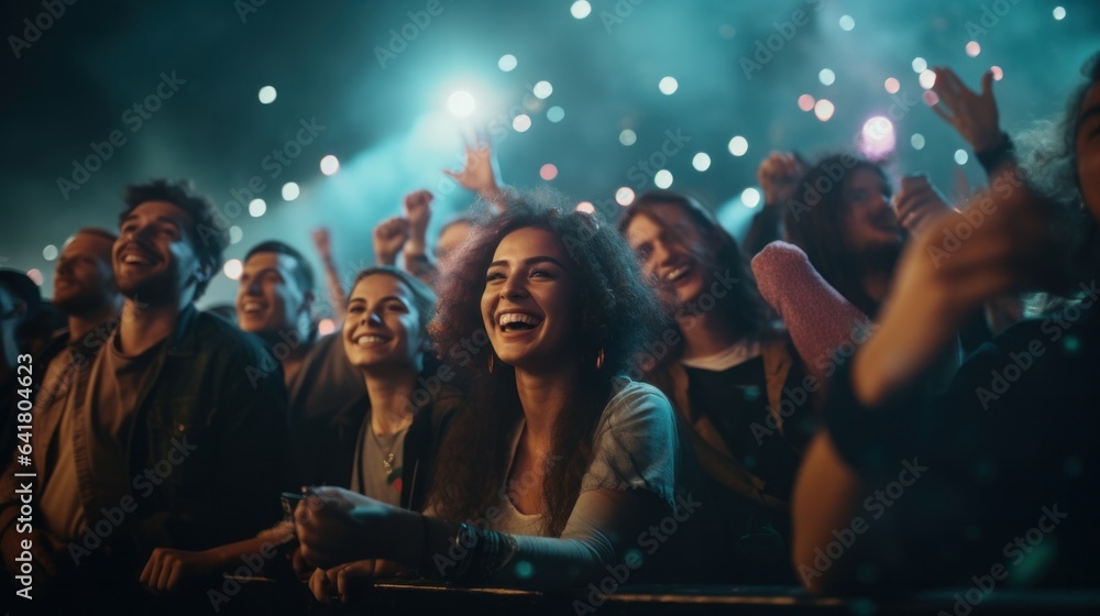 A gathering of pals enjoying themselves at a music concert - obrazy, fototapety, plakaty 