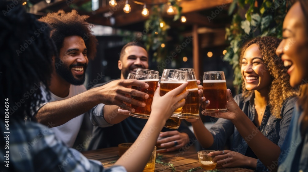 Obraz na płótnie Group of happy multiethnic friends drinking and toasting beer at brewery bar restaurant - Beverage concept with men and women having fun together outside w salonie