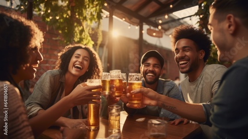Group of happy multiethnic friends drinking and toasting beer at brewery bar restaurant - Beverage concept with men and women having fun together outside. Christmas day. Happy new year.