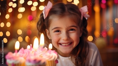 A little girl with joyful crazy look ready to blow out the candles on her birthday cake celebration. Generative AI