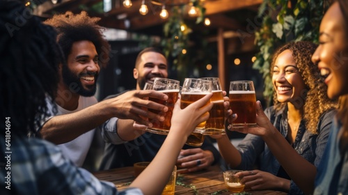 Group of happy multiethnic friends drinking and toasting beer at brewery bar restaurant - Beverage concept with men and women having fun together outside