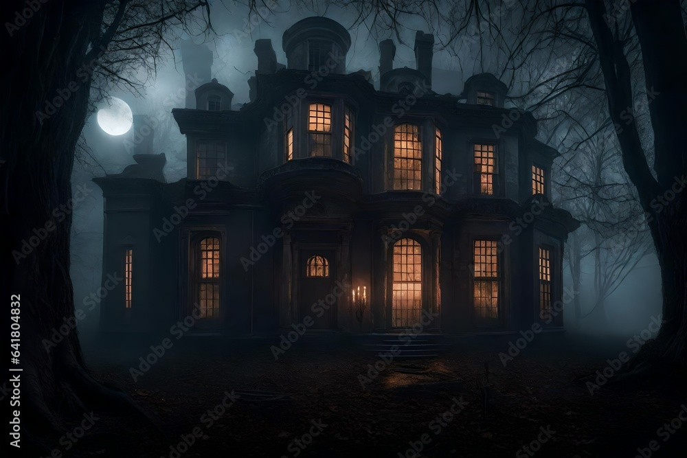 An Halloween eerie mist enveloping a dilapidated mansion, its windows illuminated by flickering candlelight.

