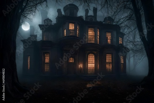 An Halloween eerie mist enveloping a dilapidated mansion, its windows illuminated by flickering candlelight.