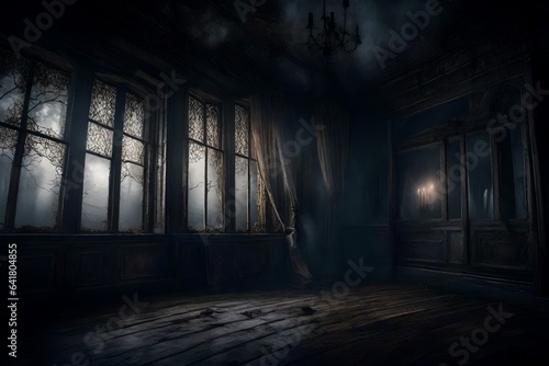 An Halloween eerie mist enveloping a dilapidated mansion, its windows illuminated by flickering candlelight.