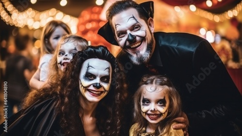A cheerful family, comprising parents and children dressed in costumes and adorned with makeup, celebrating Halloween