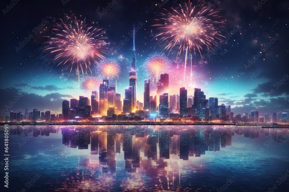 Beautiful fireworks fill the night time sky of big city background