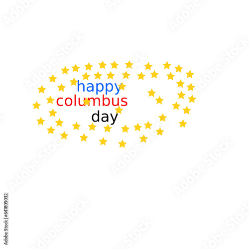 HAPPY COLUMBUS DAY Greeting card. White caravel on the title surrounded by intertwined USA flags on blue textured star background. Vector image