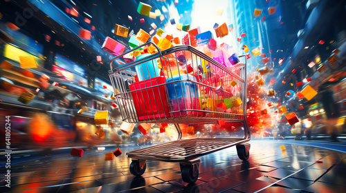 Shopping carts weaving through aisles filled with colorful product displays