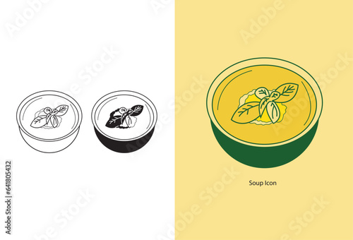 The collection features various types of hot soups and soup purees adorned with greenery, rusks, and decorative elements, presented as an isolated vector illustration.