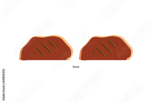 The vector illustration in flat style showcases a variety of dishes, including fried steaks, beef tenderloin, pork knuckle, slices of steak, fresh meat, and uncooked pork chop.