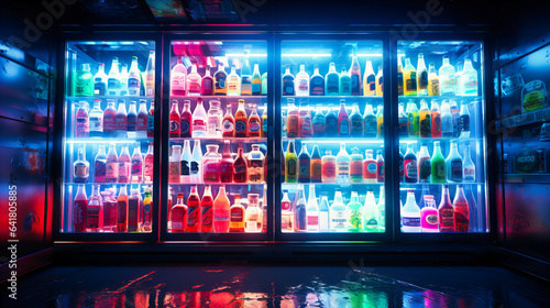 The glow of refrigerator lights illuminating rows of chilled beverages, with condensation dripping down the bottles