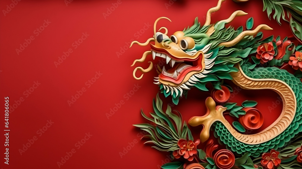 Traditional Chinese new year green dragon isolated on red with space for text