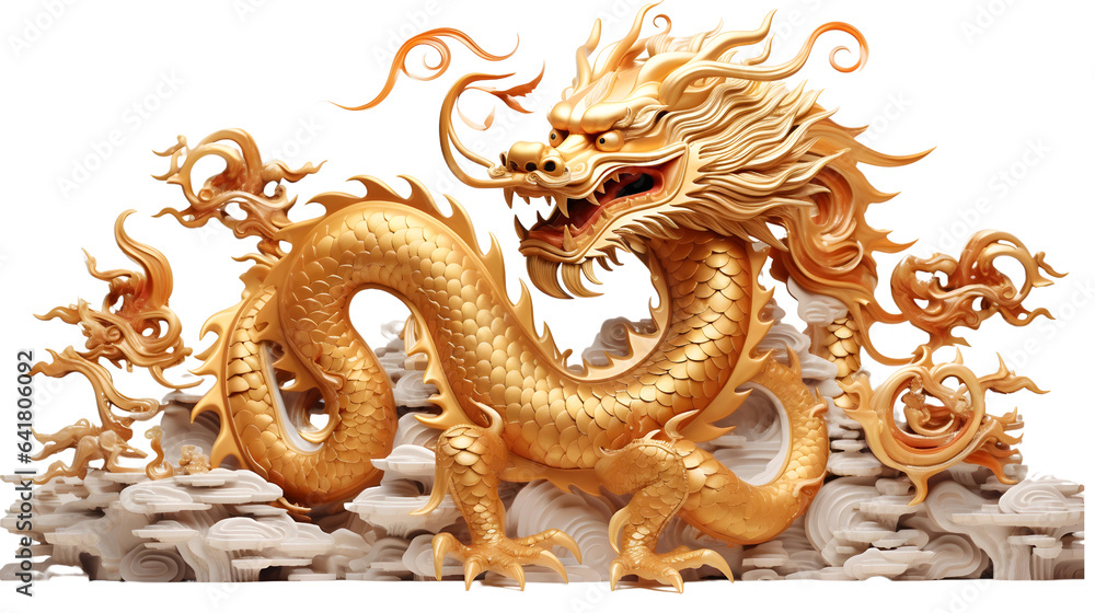 Traditional Chinese new year gold dragon in sea waves isolated on white Traditional Chinese new year gold dragon in sea waves isolated on white