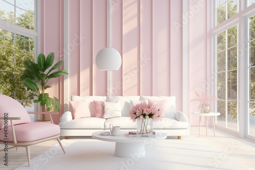 modern living room with white sofa and pink dekor   Generative AI