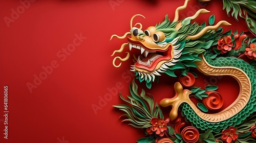 Traditional Chinese new year green dragon isolated on red with space for text