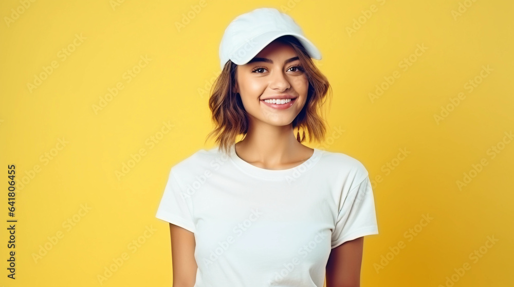 Portrait of young woman in yellow background, smiling healthy slim girl with summer sportswear Portrait of young woman in yellow background, smiling healthy slim girl with summer sportswear