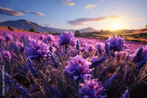 A mesmerizing field of lavender stretching out to the horizon  evoking a sense of tranquility and calm.