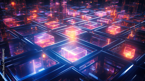 Floating geometric neon shapes forming a three-dimensional labyrinth