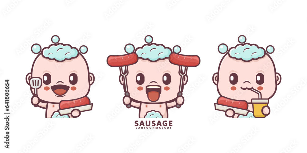cute baby cartoon with sausage. set cartoon vector with different expressions