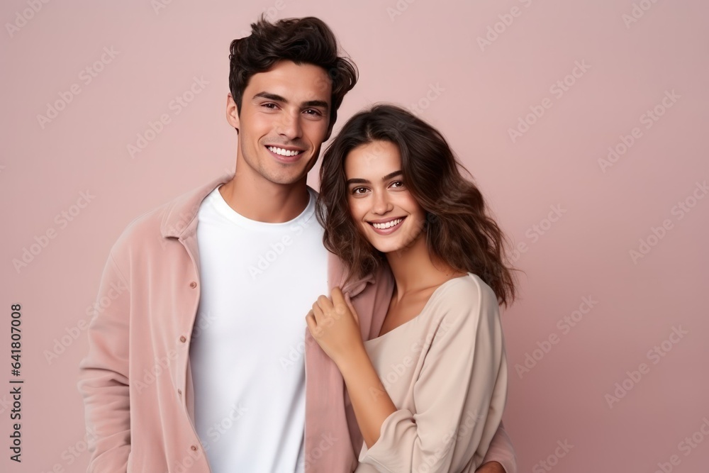 Portrait of a Cute Fictional Couple Wearing Plain Casual Clothes. A Man and a Woman Isolated on a Plain Colored Blank Background. Generative AI Illustration. Portrait of a Cute Fictional Couple Wearing Plain Casual Clothes. A Man and a Woman Isolated on a Plain Colored Blank Background. Generative AI Illustration.