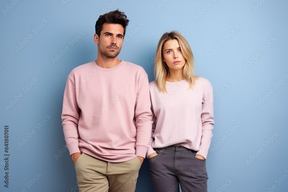 Portrait of a Cute Fictional Couple Wearing Plain Casual Clothes. A Man and a Woman Isolated on a Plain Colored Blank Background. Generative AI Illustration. Portrait of a Cute Fictional Couple Wearing Plain Casual Clothes. A Man and a Woman Isolated on a Plain Colored Blank Background. Generative AI Illustration.