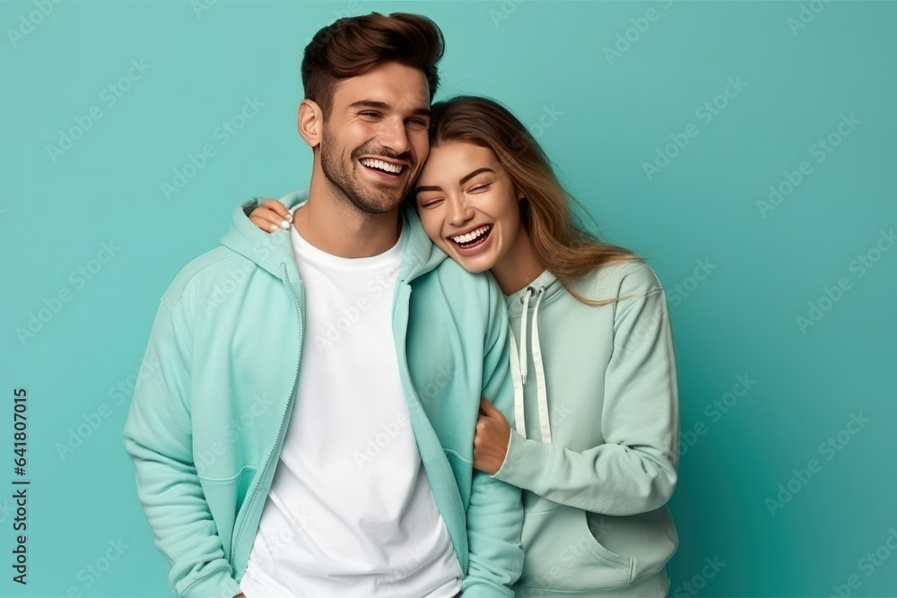 Portrait of a Cute Fictional Couple Wearing Plain Casual Clothes. A Man and a Woman Isolated on a Plain Colored Blank Background. Generative AI Illustration. Portrait of a Cute Fictional Couple Wearing Plain Casual Clothes. A Man and a Woman Isolated on a Plain Colored Blank Background. Generative AI Illustration.