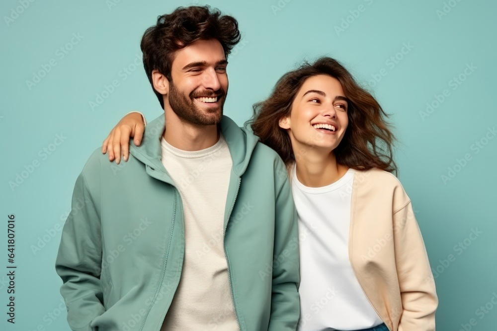 Portrait of a Cute Fictional Couple Wearing Plain Casual Clothes. A Man and a Woman Isolated on a Plain Colored Blank Background. Generative AI Illustration.