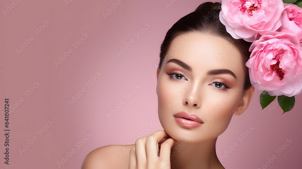 Obraz premium Beauty portrait of a girl with styled hair and pink flowers, concept of a beauty salon, skin care or hairdresser's
