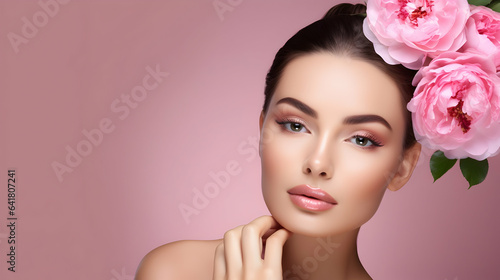 Beauty portrait of a girl with styled hair and pink flowers  concept of a beauty salon  skin care or hairdresser s