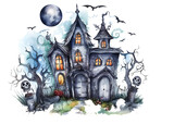 Cute halloween haunted house watercolor style isolated on white background