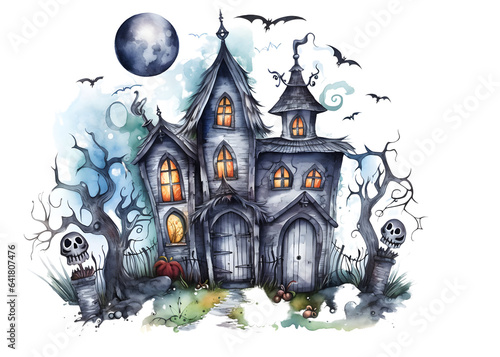 Cute halloween haunted house watercolor style isolated on white background © mashimara