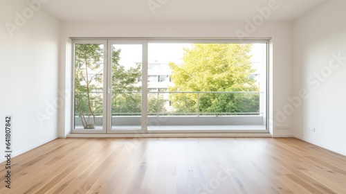 open space plan empty room with wooden floor white wall and daylight  full height window galss with city builing background mock up room interior space background