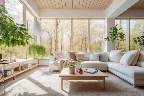 cosy interior living room contemporary white bright color scheme creative ideas concept with nature garden forest tree window background beautiful house background © VERTEX SPACE