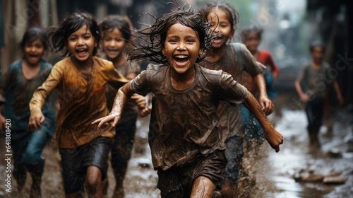Children in the summer rain. Carefree and joyful atmosphere of happy childhood moments