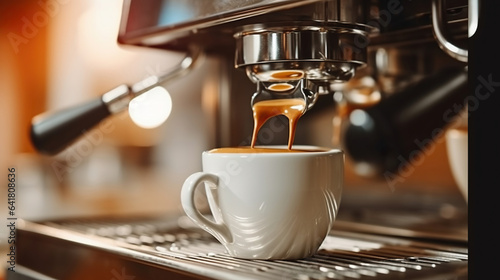 A close-up of a coffee pouring in a white cup from a coffee machine in a cafe. Espresso brewing in a professional espresso machine in a coffee shop. Generative AI photo