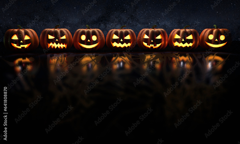 Halloween Pumpkins glowing faces in a row on stars. 3d rendering. Elements of this image furnished by NASA