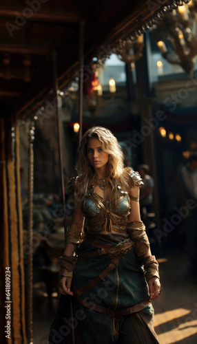 Beautiful blond female gladiator girl wearing armor in a medieval festival arena