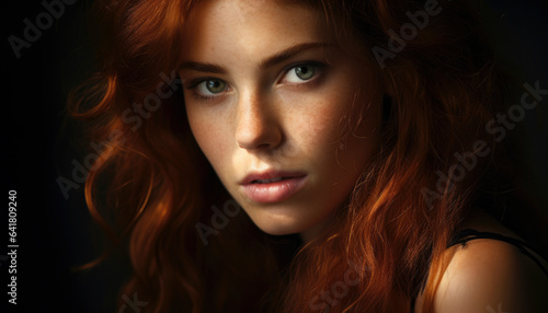 Portrait of a beautiful red-haired model, a ginger model with a face of beauty and red hair