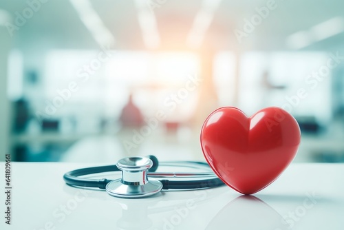 Red heart love shape hand exercise ball with doctor physician's stethoscope on hospital background: Hospital life insurance concept: World heart health day. doctor day, world hypertension,GenerativeAI
