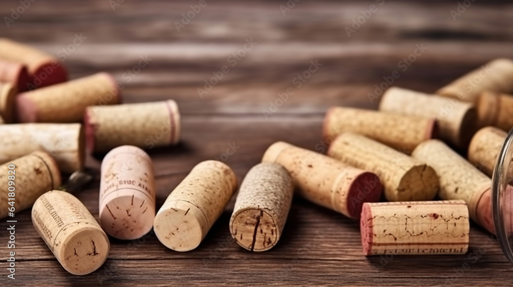 Close-Up View of Dated Wine Bottle Corks on Rustic Wood. Generative AI