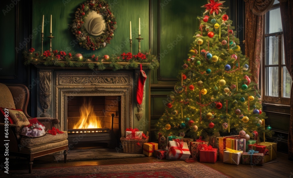 a christmas tree, presents and a fireplace in a room Generative AI
