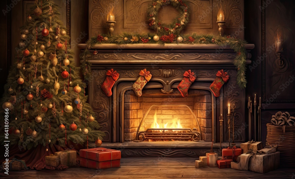 a christmas tree next to a fireplace with burning candles in its midst Generative AI