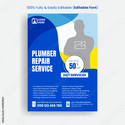 Plumbing service Editable print flyer and home repair poster template design