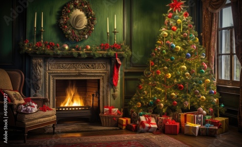 a christmas tree, presents and a fireplace in a room Generative AI