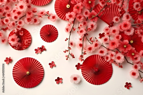 Red and Gold Chinese New Year  Cherry Blossom branches  sakura  red and gold paper fans mockup product photography background  top view backdrop  